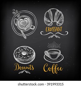 Coffee and sweet menu restaurant badges, dessert menu. Food design icons with hand-drawing elements. Graphic labels for restaurant template.