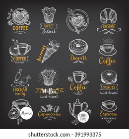 Coffee and sweet menu restaurant badges, dessert menu. Food design icons with hand-drawing elements. Graphic labels for restaurant template.