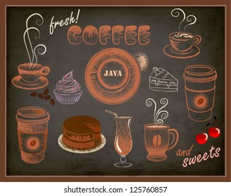 Coffee and Sweets Ads - Blackboard with a set of coffee and sweets advertisements, pastel doodle style