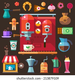  Coffee and sweets. Cafes. Bakery. Vector flat icon set and illustration.