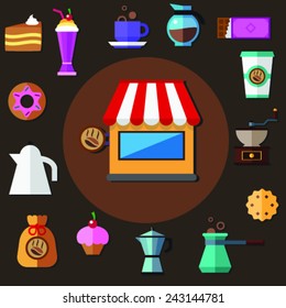 Coffee and sweets. Cafes. Bakery. Vector flat icon set and illustration. 