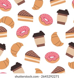 Coffee and sweets cartoon seamless pattern. Disposable coffee cups, cakes, croissants and donuts. Seamless background.