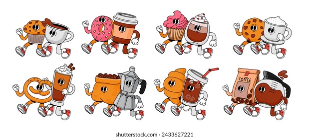 Coffee and sweets couples. Cartoon retro 70s breakfast pair in coffee shop and cafe. Mascot happy character drink. Espresso with cupcake, mug cappuccino and cookie. Vector set. Croissant and beverage