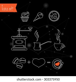 Coffee and sweets - icons in thin line style with hand made hipster lettering - elements for web design, user interface, applications, print design and advertising