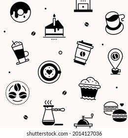 Coffee and sweets - pattern with line design style icons. Black and white images. Perfect for a cafe, restaurant, shop. Coffee, coffee beans, donut, latte, cappuccino, americana, mill, pot cup, mug