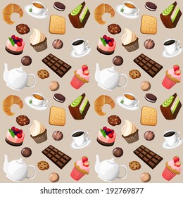 Coffee and sweets seamless background of cakes chocolate biscuits vector illustration