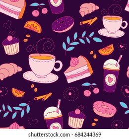 Coffee and sweets seamless vector pattern. Colorful background with cups, desserts, berries, fruits and plants elements. Drink and food dark purple design texture in doodle style