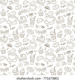 Coffee and sweets seamless vector pattern. Monochrome brown background with white cups, desserts, berries, fruits and plants elements. Drink and food design texture in doodle sketch style