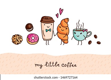Coffee and sweets, set of cute cartoon vector elements