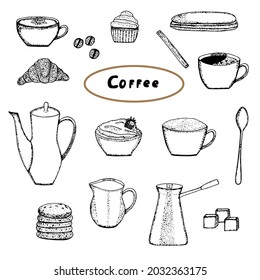 Coffee and sweets set, vector illustration hand drawing sketch