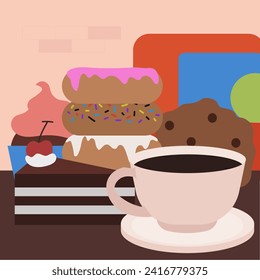 coffee sweets snacks cookies donut in flat illustration