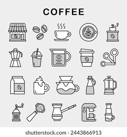 Icono de símbolo de café set pack colección vector línea de contorno simple ilustración minimalista café tienda bebida bebida