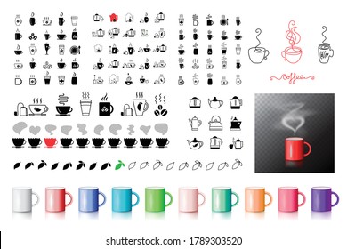 Coffee symbol icons collection. Big set of vector drinks, beverages signs, tea graphic elements with tea leaves silhouettes, teapot buttons, mug pictograms, hot drinks shapes for cafe logos