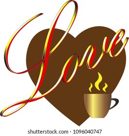 Coffee symbol, coffee logo for the company. Brown color. There are an inscription and a cup with coffee.