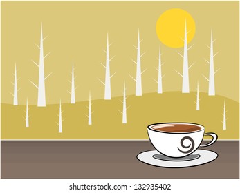 Coffee symbol and tree background in the break time concept illustration