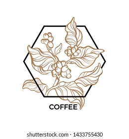 Coffee symbol. Vector geometric frame. Art line branch, realistic leaf, bean, grain. Aroma organic drink. Botanical design. Bio sign. Round sticker, hand drawn illustration, food label