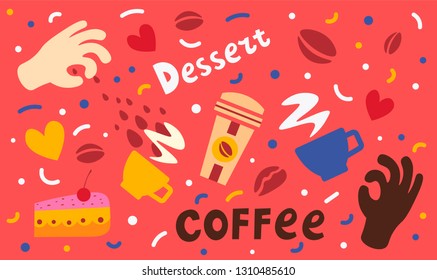 Coffee symbols and desserts with hand drawn lettering vector illustration