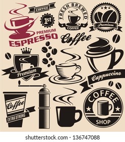 Coffee symbols, icons, logos, labels signs and design elements collection.