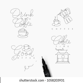 Coffee symbols lines with lettering in pen hand drawing style on white background