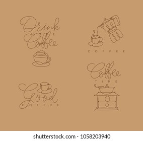 Coffee symbols lines with lettering in pen hand drawing style on beige background