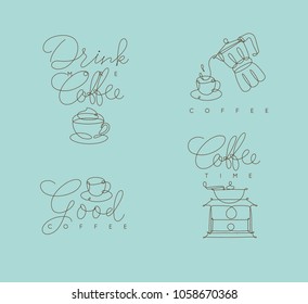 Coffee symbols lines with lettering in pen hand drawing style on turquoise background