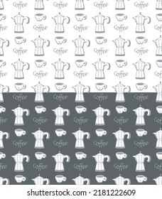 Coffee symbols seamless pattern. Cup, pot, lettering, modern flat icons graphic style design, white grey colors palette. Transparent background. Vector illustration