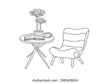 Coffee table with an armchair. Flower book and cup on the table. Coloring book, vector black and white image.