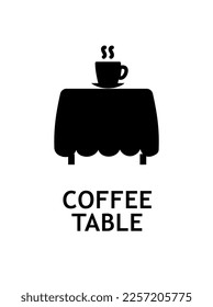 Coffee table black icon. Hot drink in mug on plate on furniture. Comfort and coziness in house and apartment. Tasty and aroma liquid, beverage. Cartoon flat vector illustration