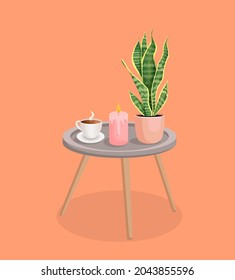 Mesa de café con una vela, una taza de café, una planta. Ilustración vectorial de los elementos de la casa. Estilo de la caricatura