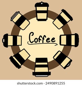Coffee table with cardboard glasses. A composite vector illustration.