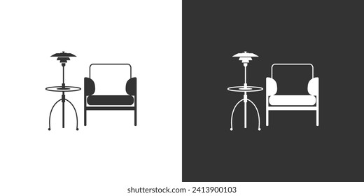 Coffee table and chair interior icon. Black and white furniture vector icon