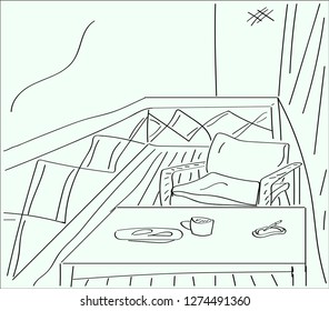 coffee table and chair on the balcony, drawn in simple lines