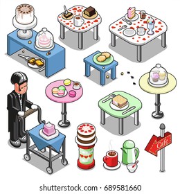 Coffee table collection with lots of cakes and cookies (isometric items collection)