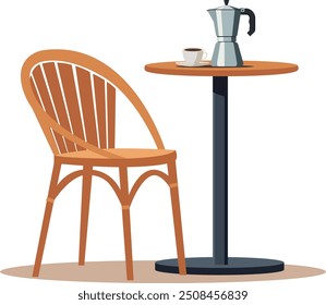 Coffee table with coffee cup and moka on top with chair aside. Vector illustration in flat style