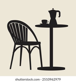 Coffee table with coffee cup and moka on top with chair aside. Vector illustration in flat style. Vector silhouette of coffee table 