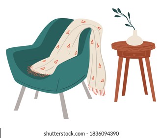 Coffee table with decorative twigs in base, comfortable armchair with blanket, plaid or scarf. Home interior design, minimalist and scandinavian dwelling. Living or sitting room, vector in flat style