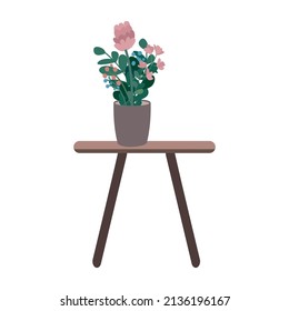 Coffee table with houseplant semi flat color vector object. Beautiful flowers. Full sized item on white. Flowering plant in pot simple cartoon style illustration for web graphic design and animation