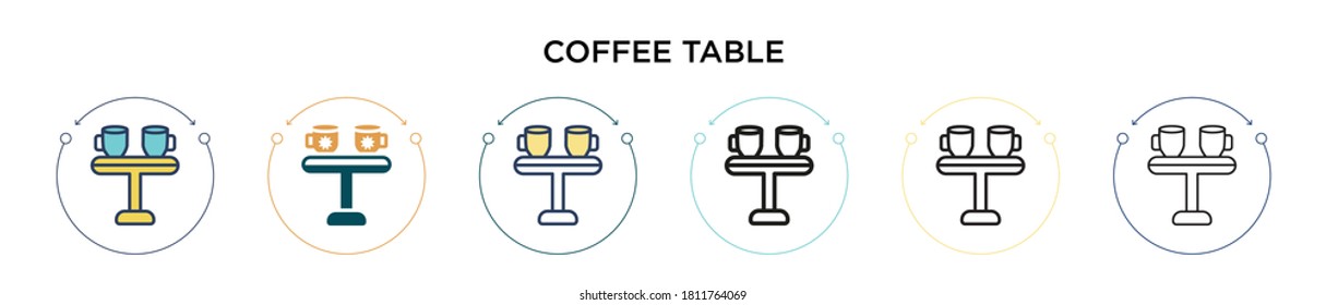 Coffee table icon in filled, thin line, outline and stroke style. Vector illustration of two colored and black coffee table vector icons designs can be used for mobile, ui, web