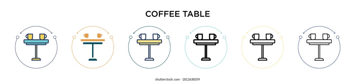 Coffee table icon in filled, thin line, outline and stroke style. Vector illustration of two colored and black coffee table vector icons designs can be used for mobile, ui, web