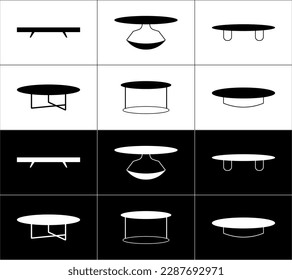 Coffee table icons set on black and white background.