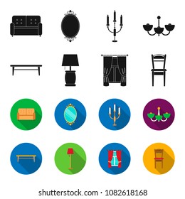 A coffee table, a lamp, curtains, a chair.Furniture set collection icons in black,flet style vector symbol stock illustration web.