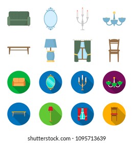 A coffee table, a lamp, curtains, a chair.Furniture set collection icons in cartoon,flat style vector symbol stock illustration web.