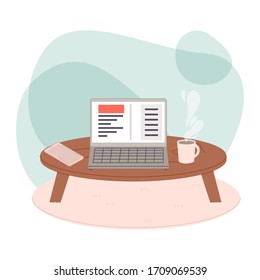 Coffee table with laptop vector illustration cartoon flat design modern style