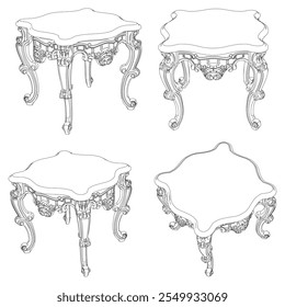 Coffee table for the living room hand-painted in different sizes and types, Elegant baroque and classical designs. Vector Illustration with Front, Side, and Top Views