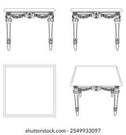 Mesa de café para a sala de estar pintado à mão em diferentes tamanhos e tipos, Elegante barroco e desenhos clássicos. Ilustração vetorial com as visualizações frontal, lateral e superior