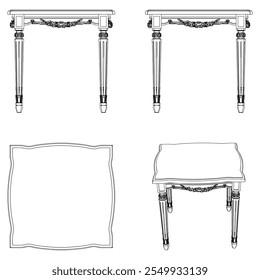 Mesa de café para a sala de estar pintado à mão em diferentes tamanhos e tipos, Elegante barroco e desenhos clássicos. Ilustração vetorial com as visualizações frontal, lateral e superior