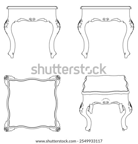 Coffee table for the living room hand-painted in different sizes and types, Elegant baroque and classical designs. Vector Illustration with Front, Side, and Top Views