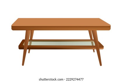 Mesa de café para la sala de estar. Mesa de madera con estantería de cristal. Ilustración vectorial. Objetos aislados sobre un fondo blanco.