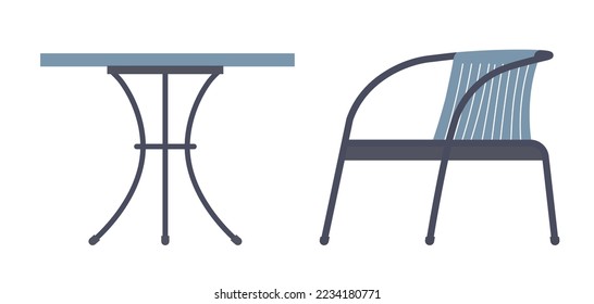 Coffee table and minimalist chair for balcony or patio, porch or outside terrace. Isolated home furniture, shop or store assortment of products. Outdoors exterior design. Vector in flat style