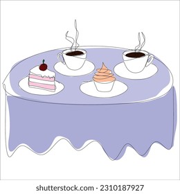 Coffee table at restaurant, vector line art illustration